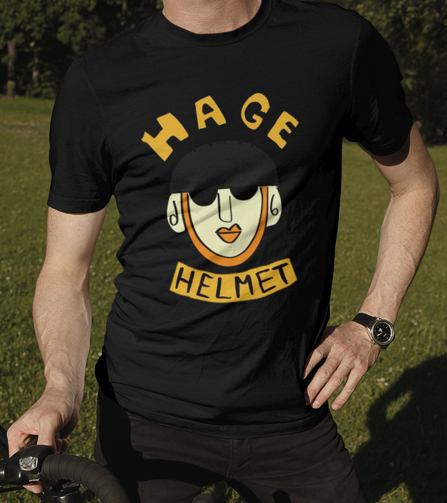 HAGE Helmet Face Black Cap Bold Lettering T-Shirt