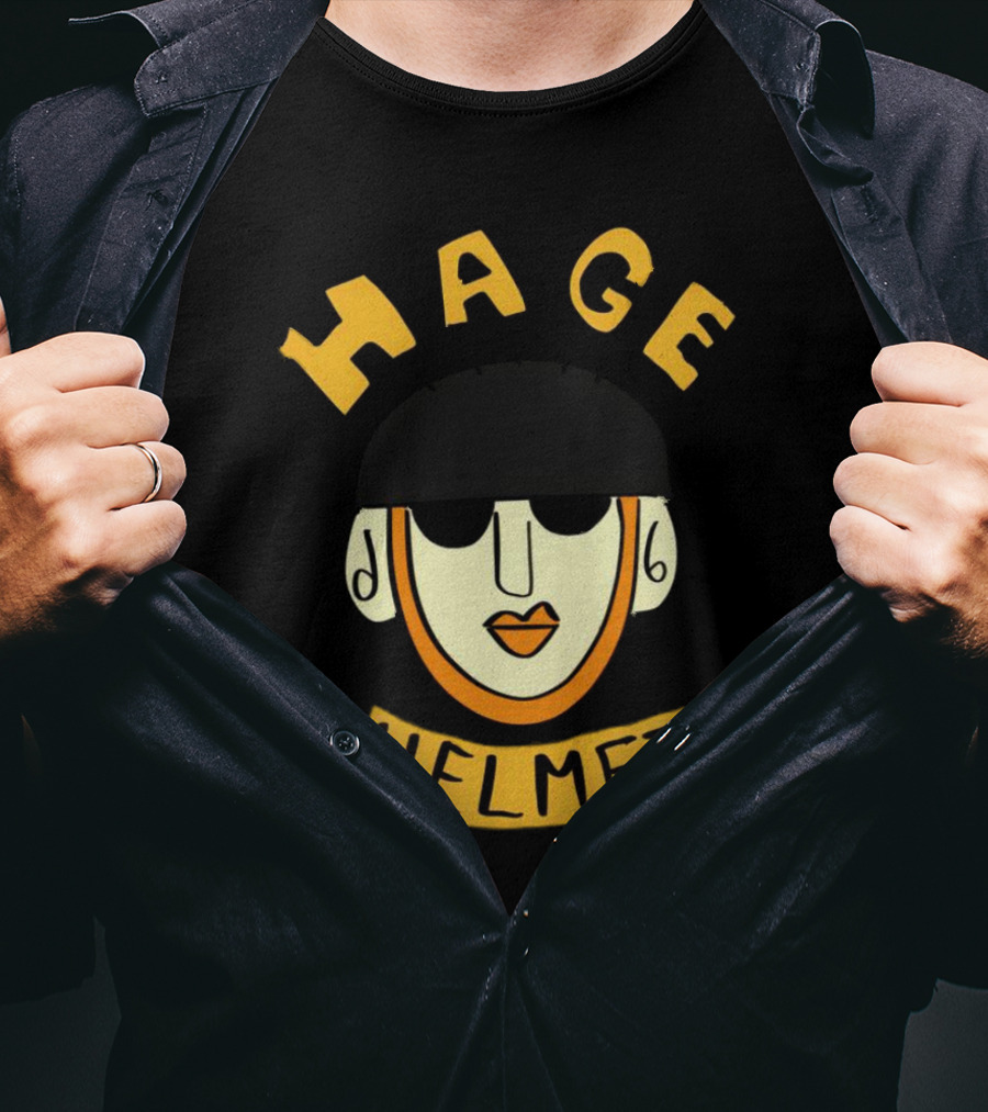 HAGE Helmet Face Black Cap Bold Lettering T-Shirt