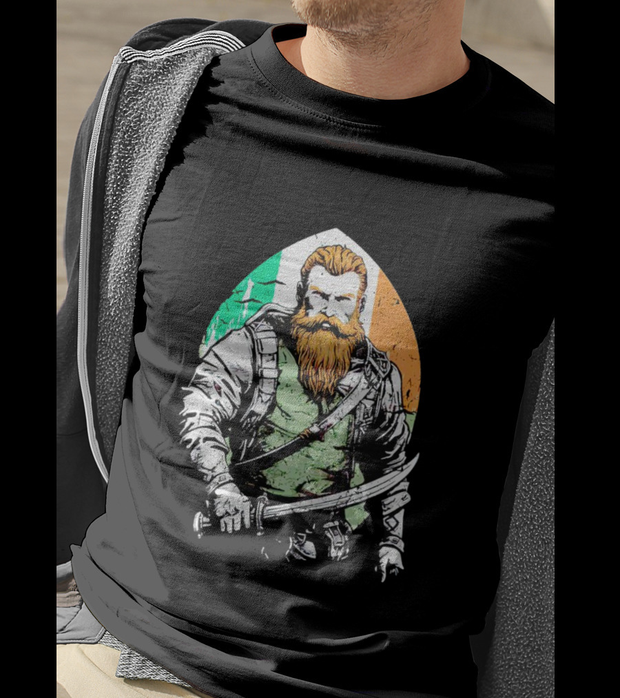 Irish American Pride Warrior With Sword And Flag Background T-Shirt