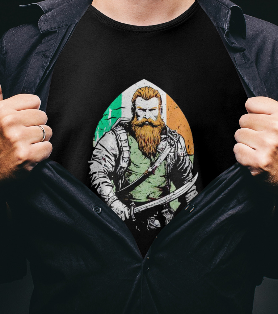 Irish American Pride Warrior With Sword And Flag Background T-Shirt