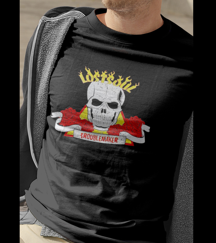 Lost Soul Skull With Flaming Text And Red Roses Troublemaker T-Shirt