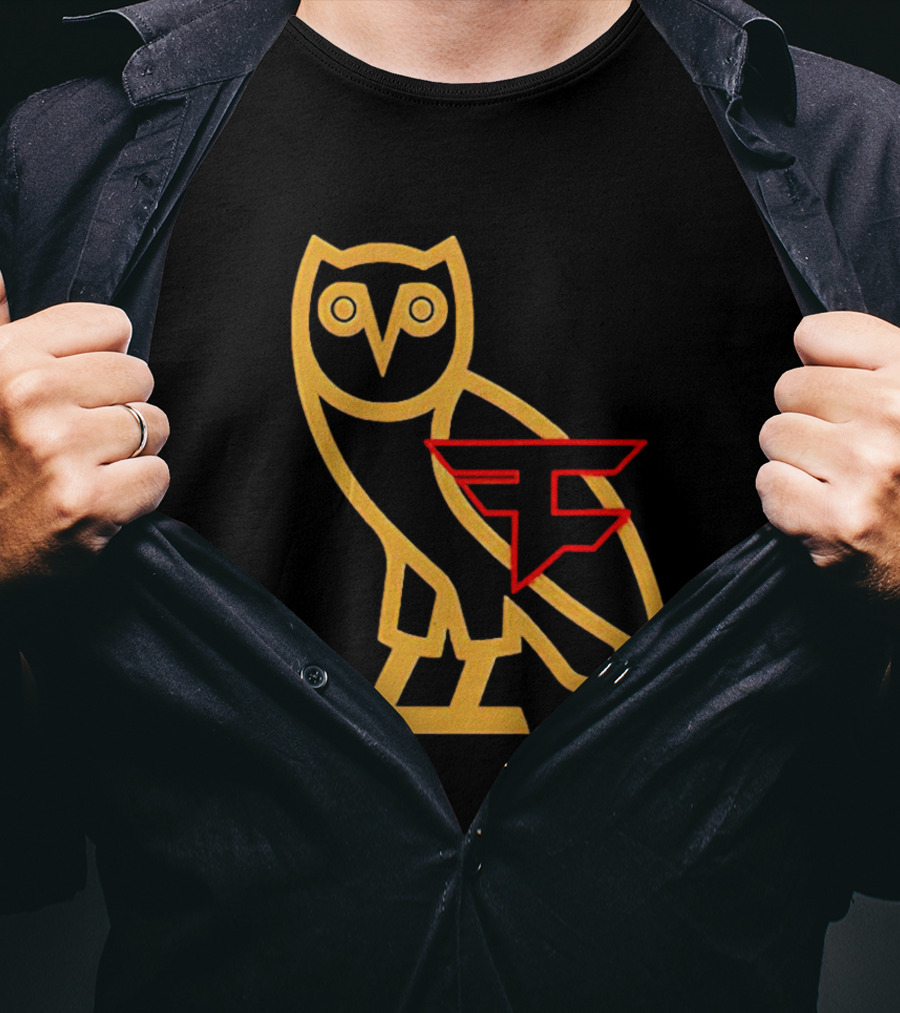 OVO X FaZe Clan OG Owl Red And Gold Logo Collaboration T-Shirt