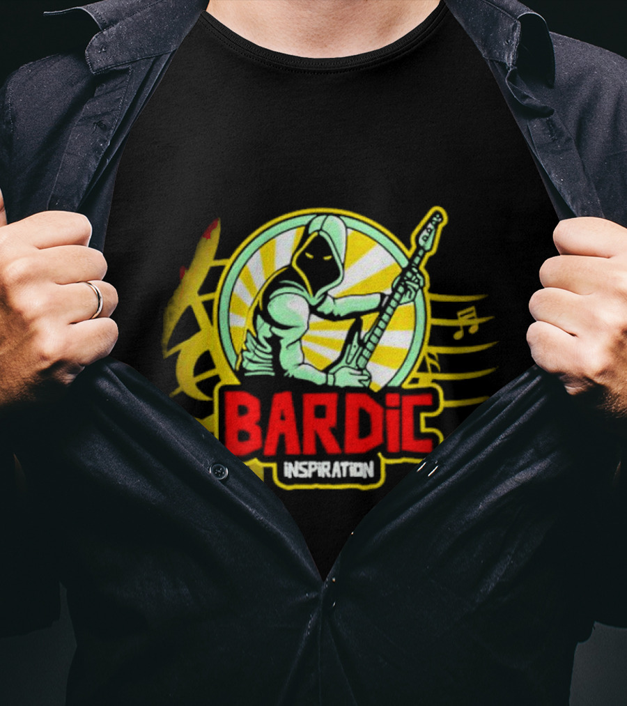 Bardic Inspiration Musical Hooded Figure With Guitar And Notes T-Shirt