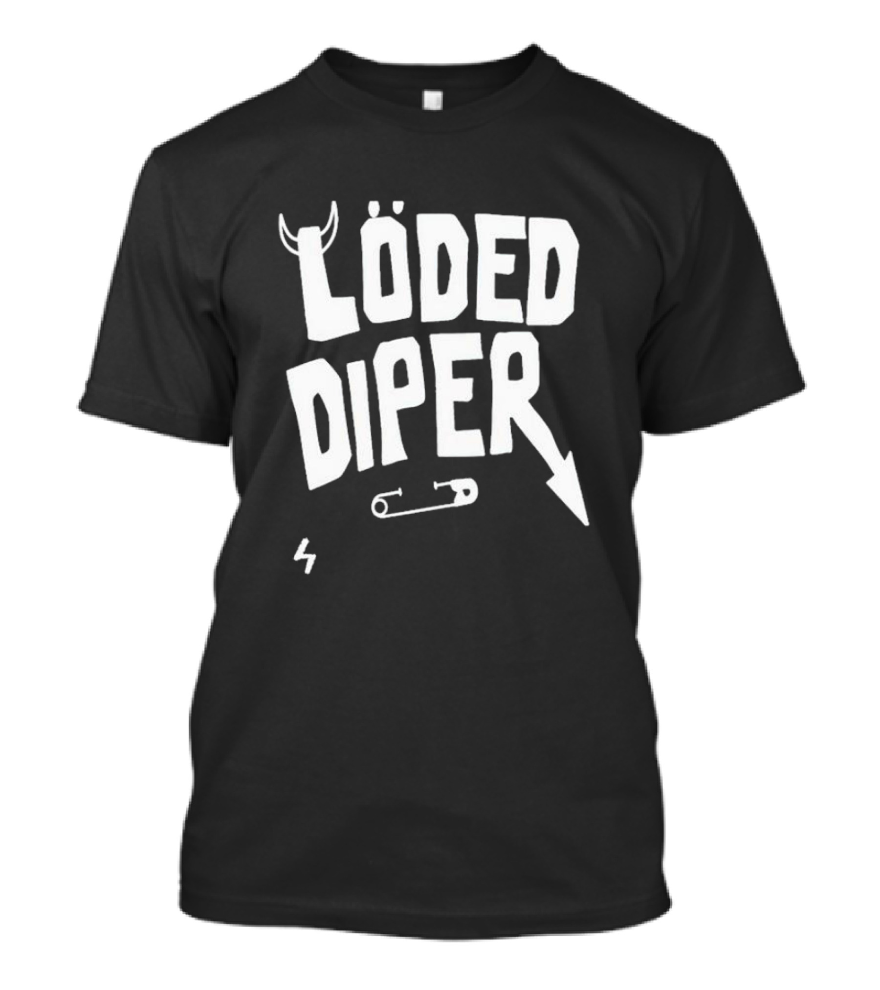 Löded Diper Band Logo With Horns, Arrow, Safety Pin, And Lightning Bolt T-Shirt