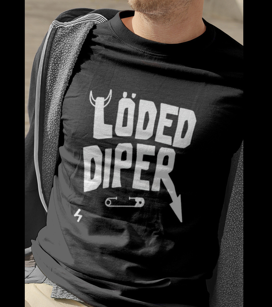 Löded Diper Band Logo With Horns, Arrow, Safety Pin, And Lightning Bolt T-Shirt