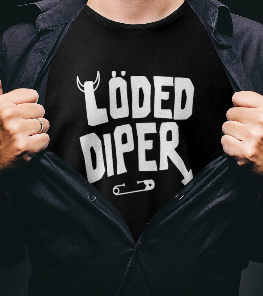 Löded Diper Band Logo With Horns, Arrow, Safety Pin, And Lightning Bolt T-Shirt