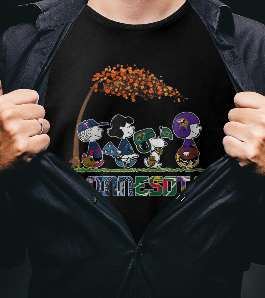 Minnesota Peanuts Characters In Sports Attire Walking Under Autumn Tree T-Shirt