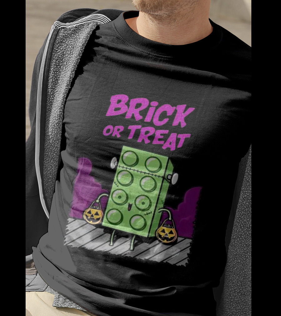 Brick Or Treat Halloween Green Block With Jack-o'-Lanterns Cartoon T-Shirt