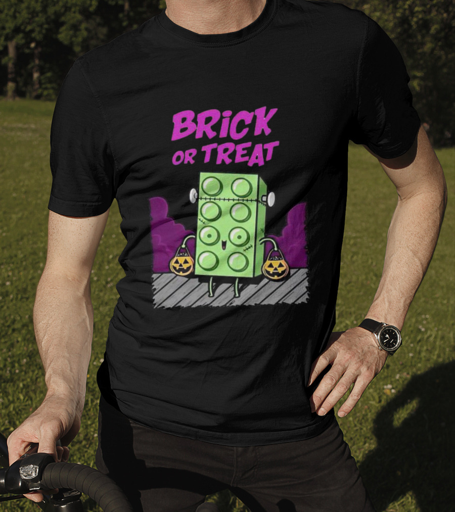 Brick Or Treat Halloween Green Block With Jack-o'-Lanterns Cartoon T-Shirt