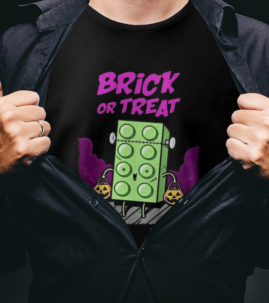 Brick Or Treat Halloween Green Block With Jack-o'-Lanterns Cartoon T-Shirt