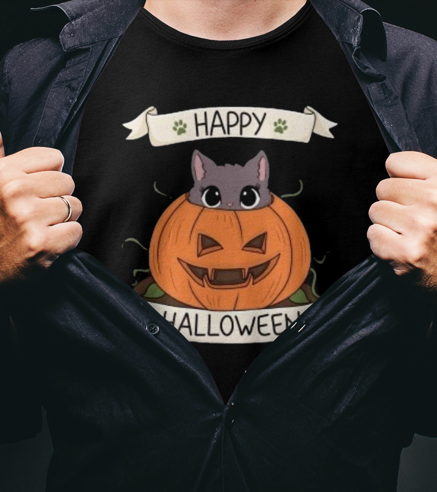 Happy Halloween Cute Cat In Pumpkin T-Shirt
