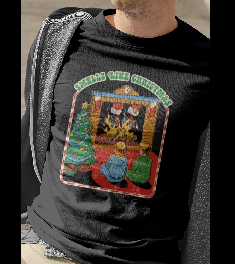 Smells Like Christmas By The Fireplace With Christmas Tree And Stockings T-Shirt