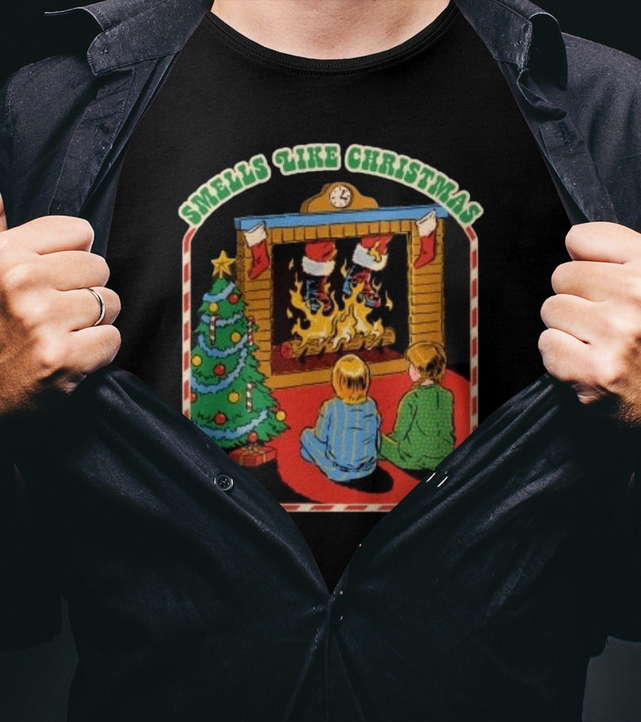 Smells Like Christmas By The Fireplace With Christmas Tree And Stockings T-Shirt