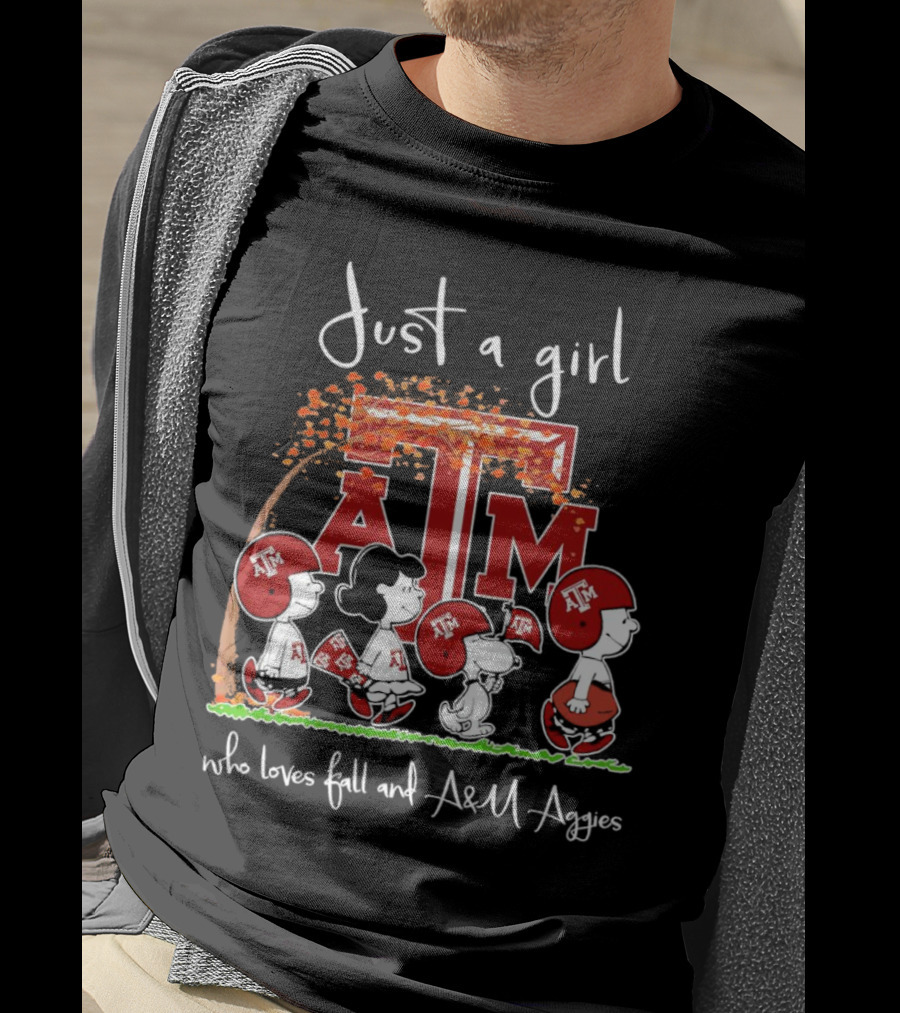 Just A Girl Who Loves Fall And Texas A&M Aggies With Peanuts Characters T-Shirt