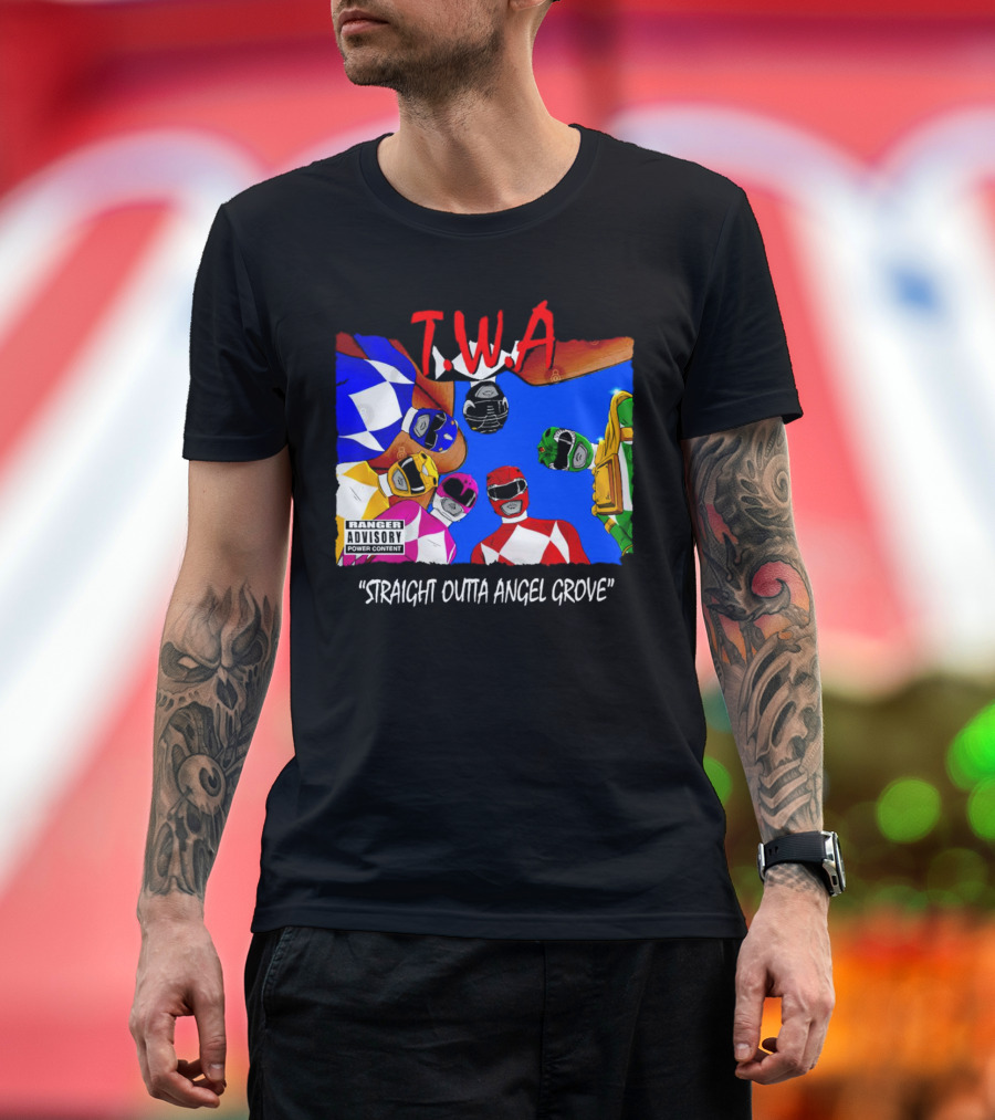 T.W.A Mighty Morphin Power Rangers Straight Outta Angel Grove Ranger Advisory Power Content T-Shirt