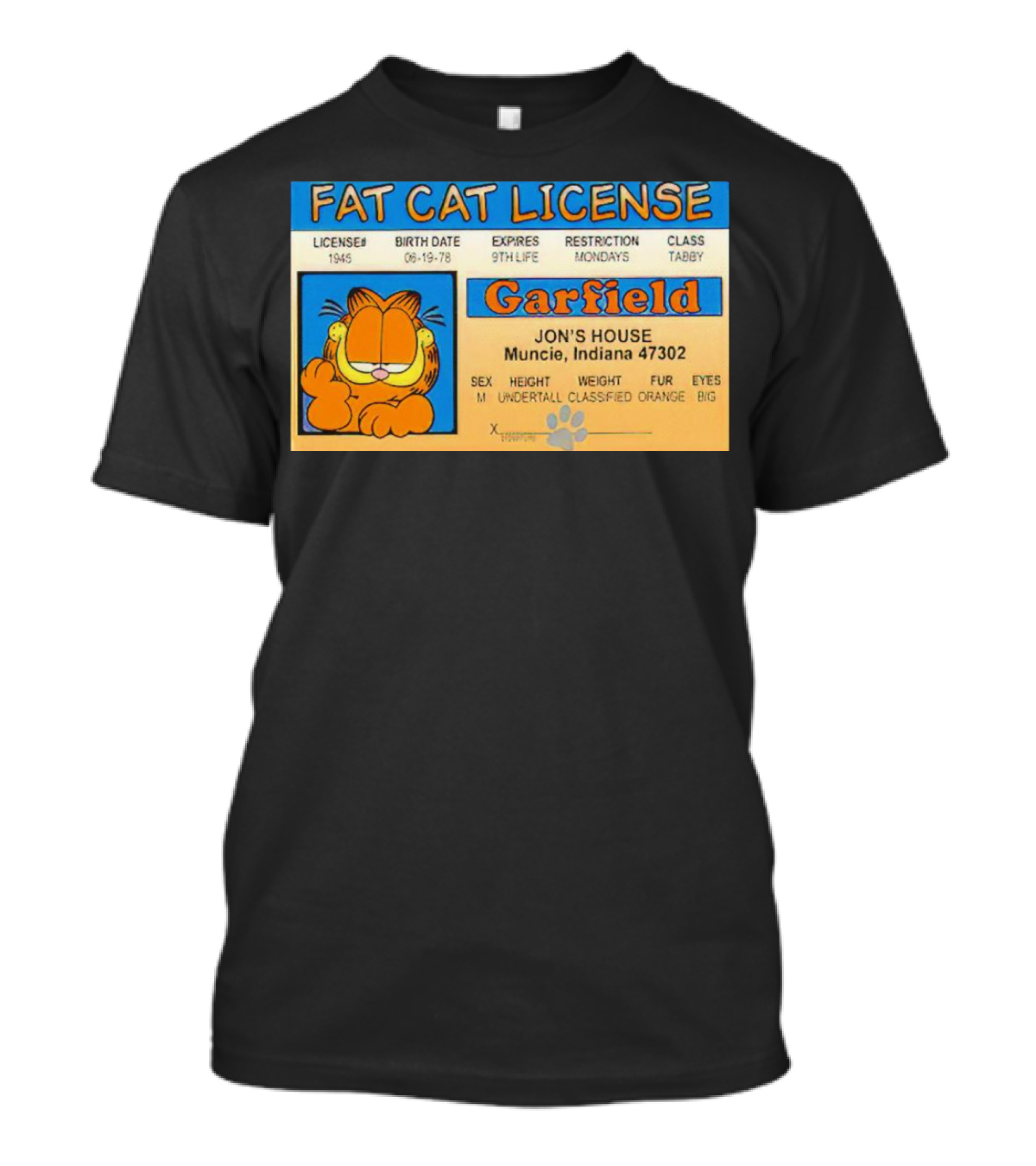Garfield Fat Cat License Jon's House Muncie 9th Life Mondays Tabby T-Shirt