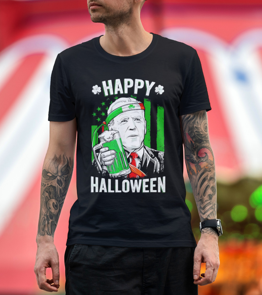 Leprechaun Biden Happy Halloween St Patrick’s Day Beer Green Flag T-Shirt