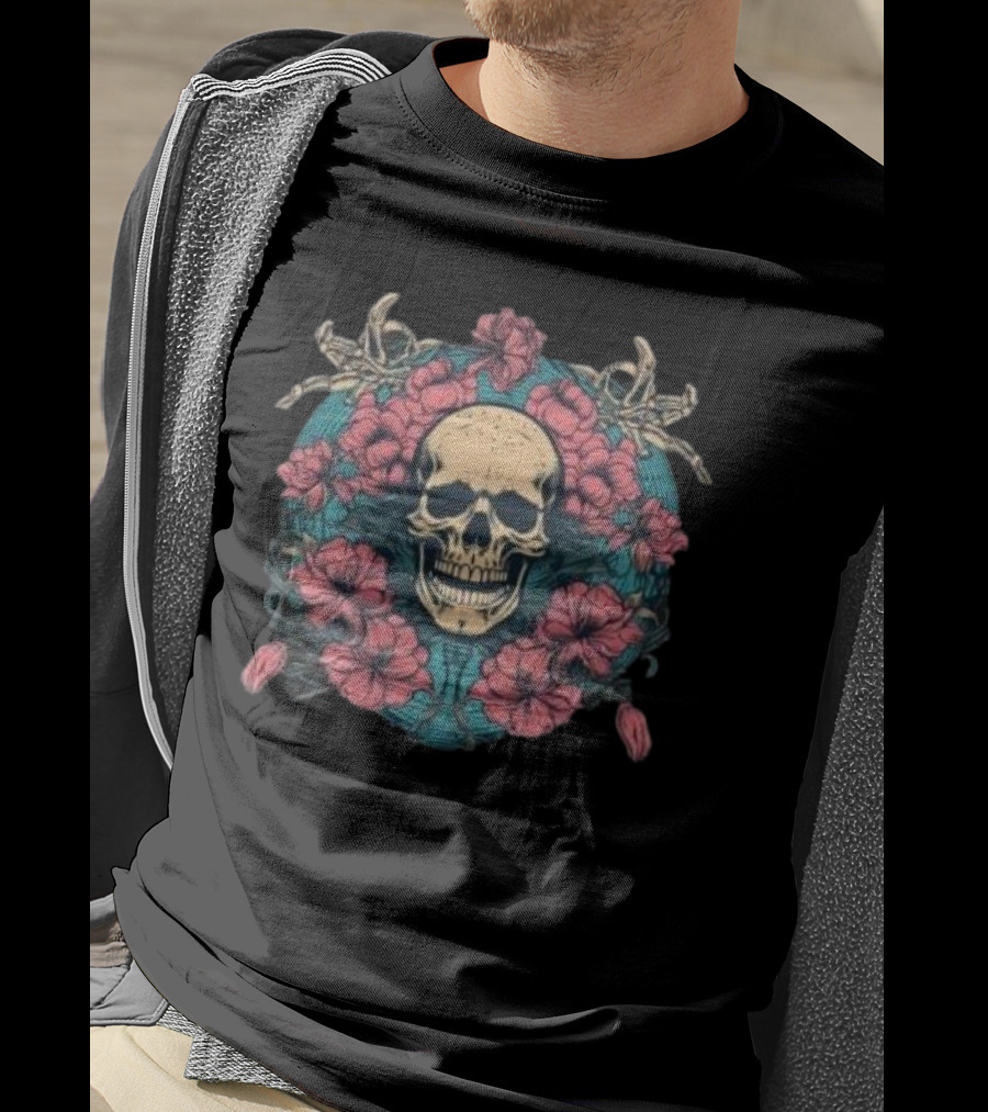 Tropical Skull Surrounded By Flowers Halloween T-Shirt