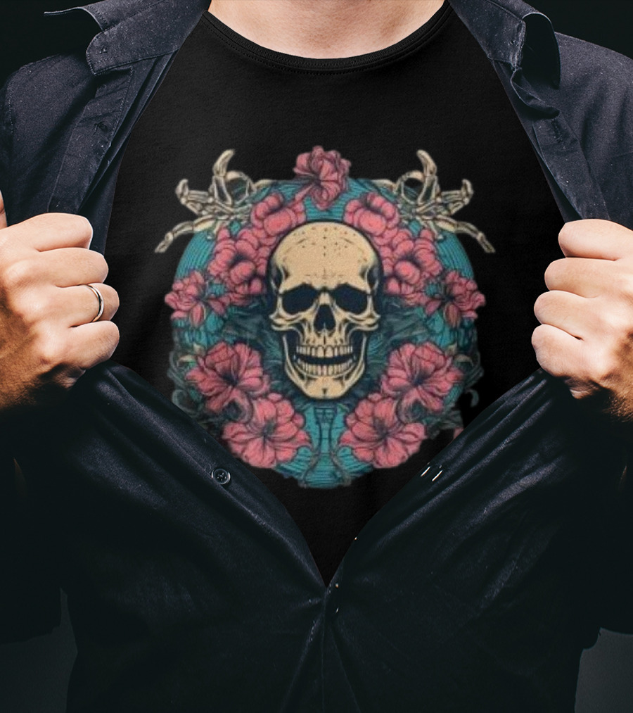 Tropical Skull Surrounded By Flowers Halloween T-Shirt