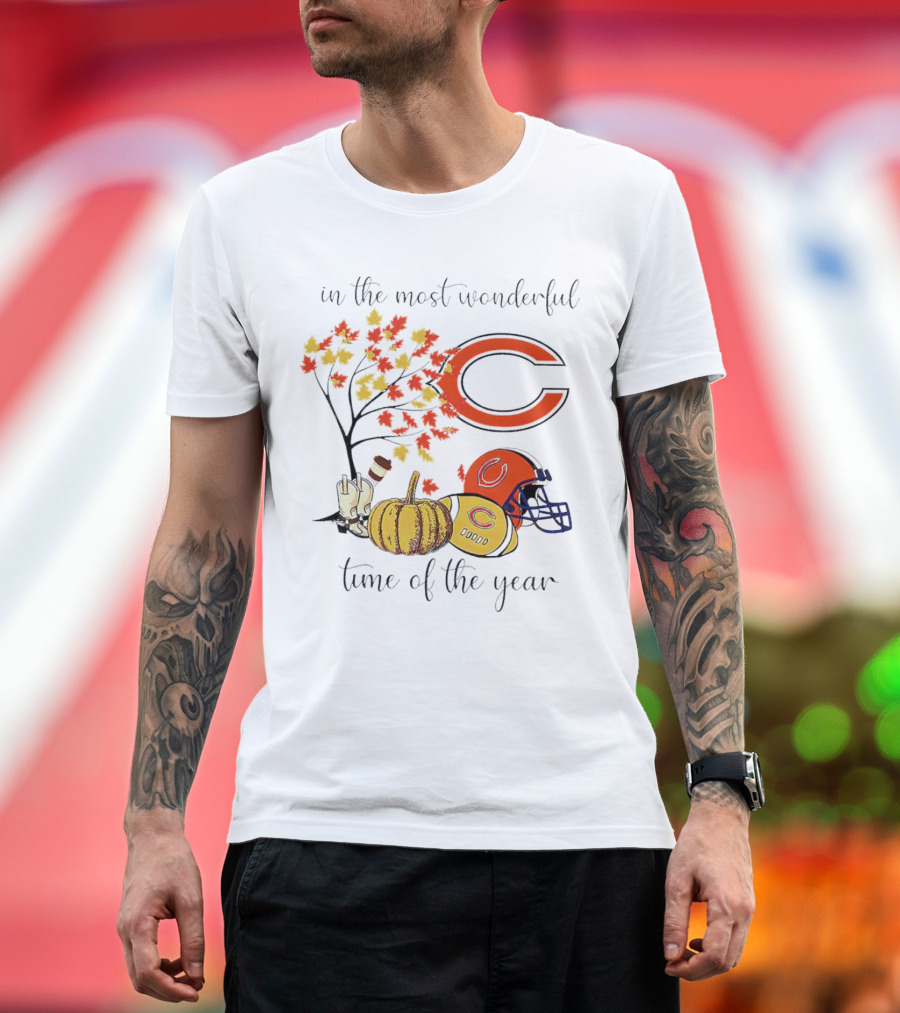 In the Most Wonderful Time of the Year Chicago Bears Thanksgiving Helmets and Autumn Leaves T-Shirt