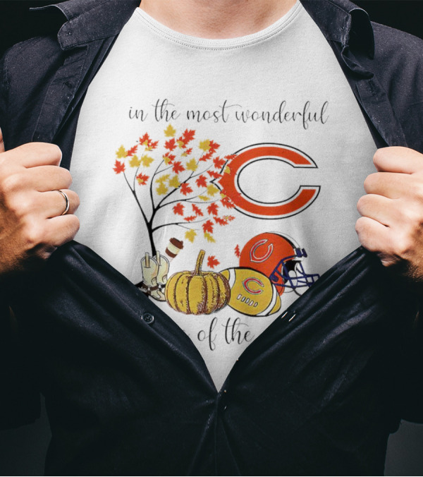 In The Most Wonderful Time Of The Year Chicago Bears Thanksgiving Helmets And Autumn Leaves T-Shirt