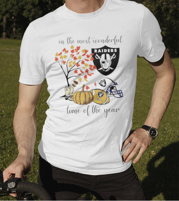 In The Most Wonderful Time Of The Year Raiders Football Thanksgiving Celebration With Autumn Leaves And Pumpkin T-Shirt