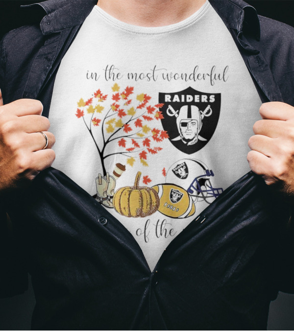 In The Most Wonderful Time Of The Year Raiders Football Thanksgiving Celebration With Autumn Leaves And Pumpkin T-Shirt