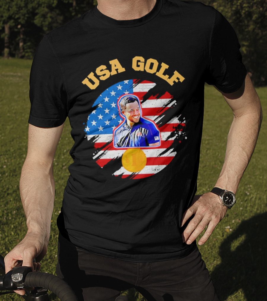 USA Golf Xander Schauffele USA Flag Gold Medal T-Shirt