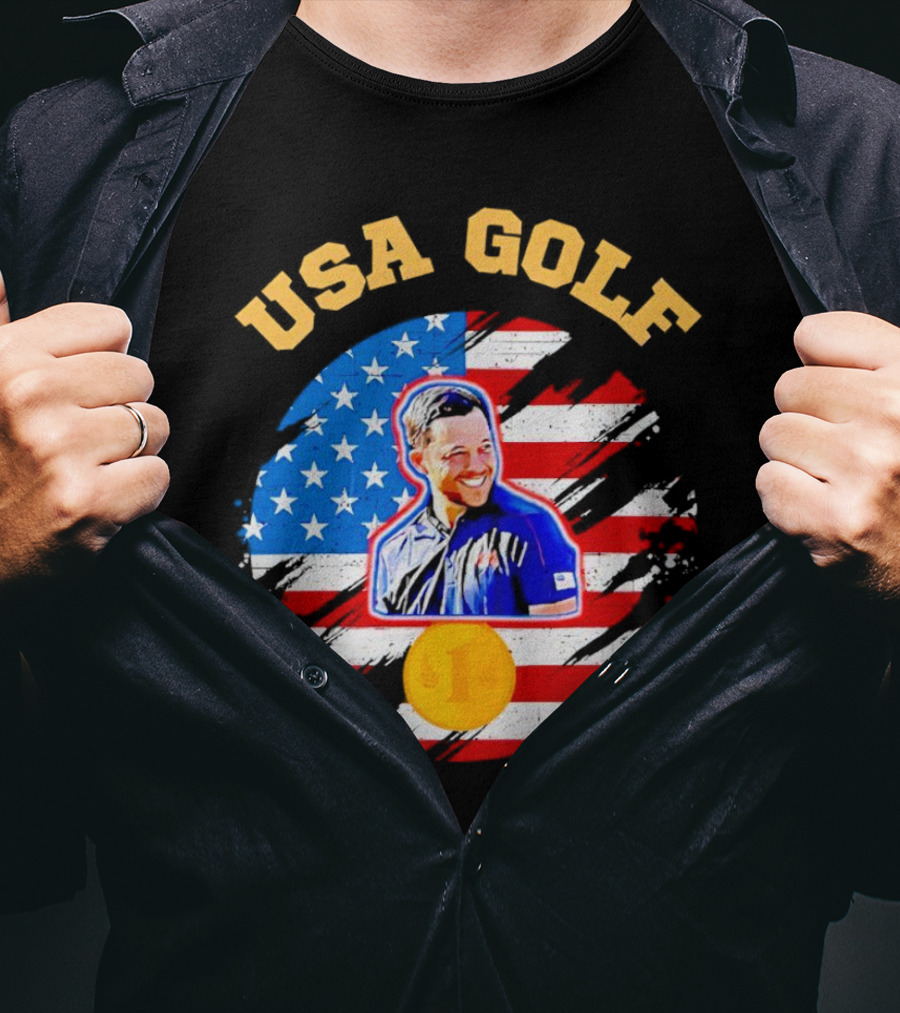 USA Golf Xander Schauffele USA Flag Gold Medal T-Shirt