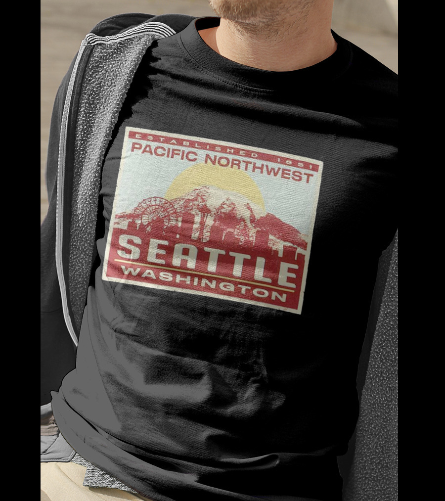 Seattle Pacific Northwest Established 1851 Washington Skyline Ferris Wheel Sun Mountain T-Shirt
