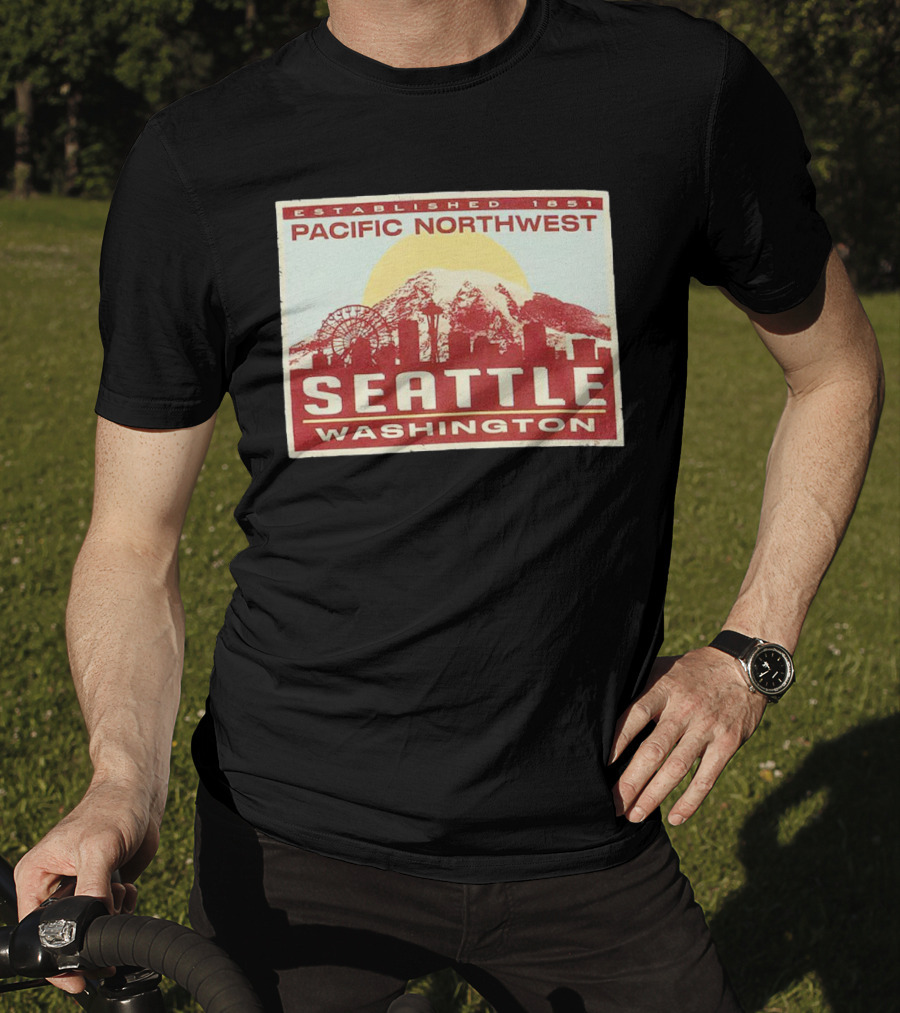 Seattle Pacific Northwest Established 1851 Washington Skyline Ferris Wheel Sun Mountain T-Shirt