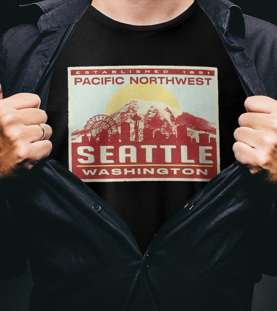 Seattle Pacific Northwest Established 1851 Washington Skyline Ferris Wheel Sun Mountain T-Shirt