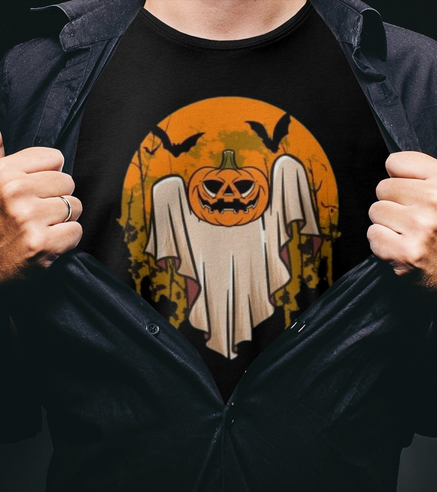 Ghostly Pumpkin Head With Bats And Full Moon T-Shirt