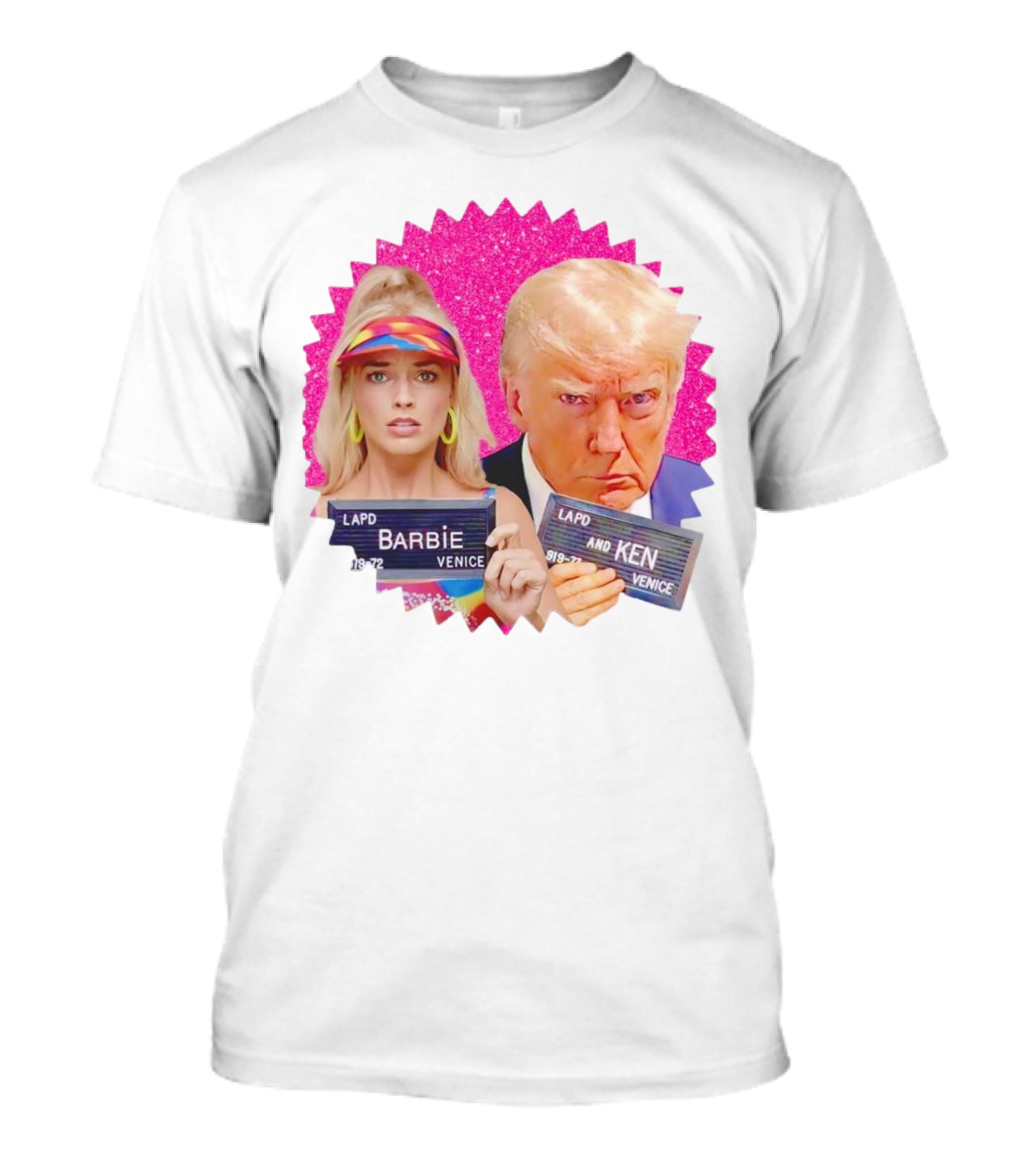 LAPD Barbie Ken Mugshot Venice Glam Glitter Background T-Shirt