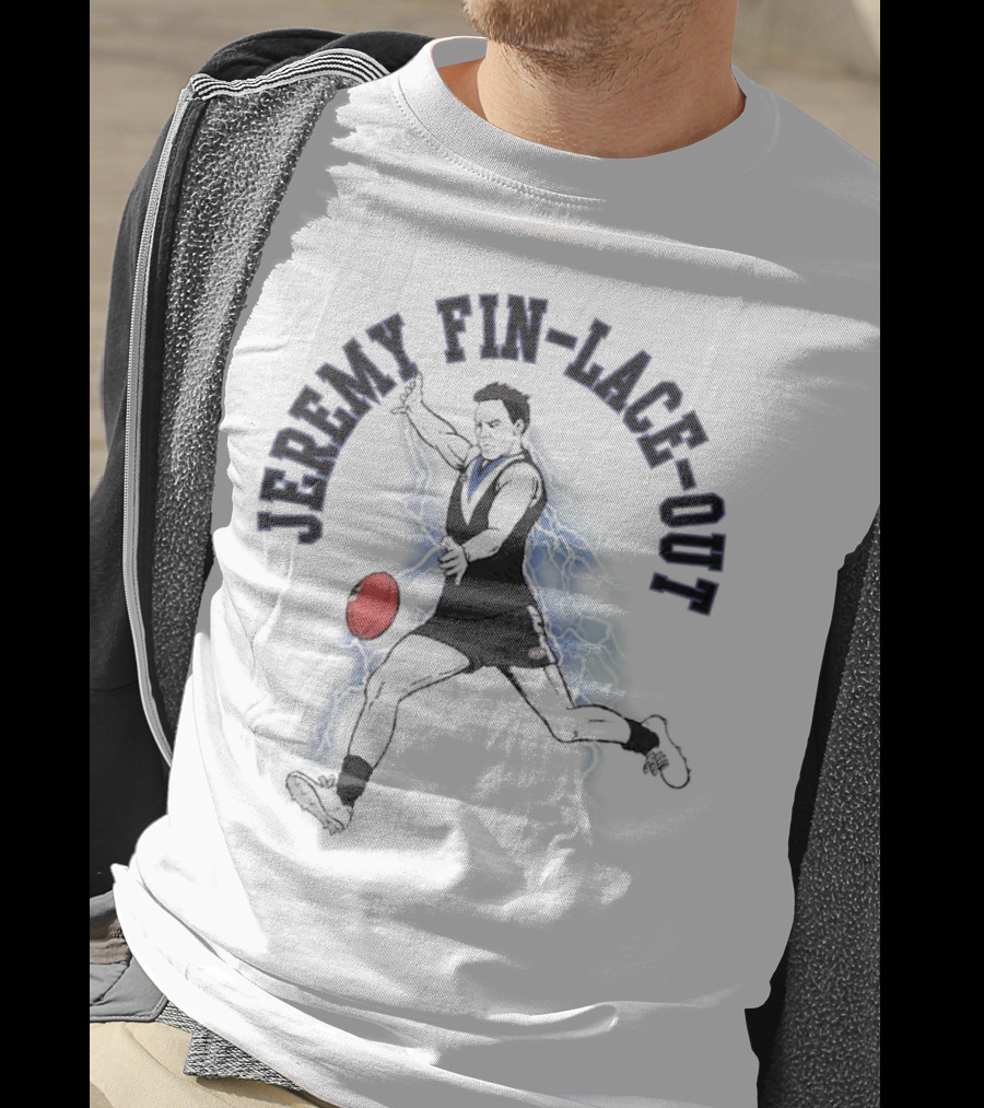 Jeremy Fin-lace-out AFL Kicking Action With Blue Lightning And Red Football T-Shirt