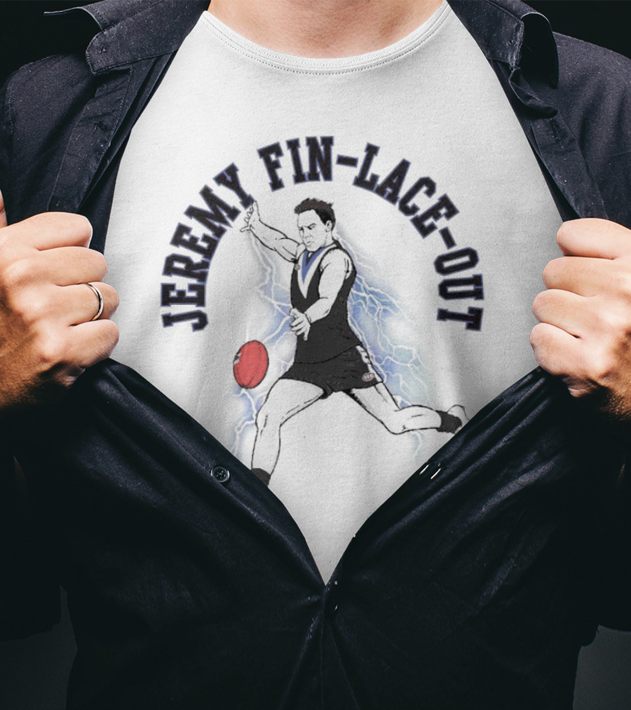 Jeremy Fin-lace-out AFL Kicking Action With Blue Lightning And Red Football T-Shirt