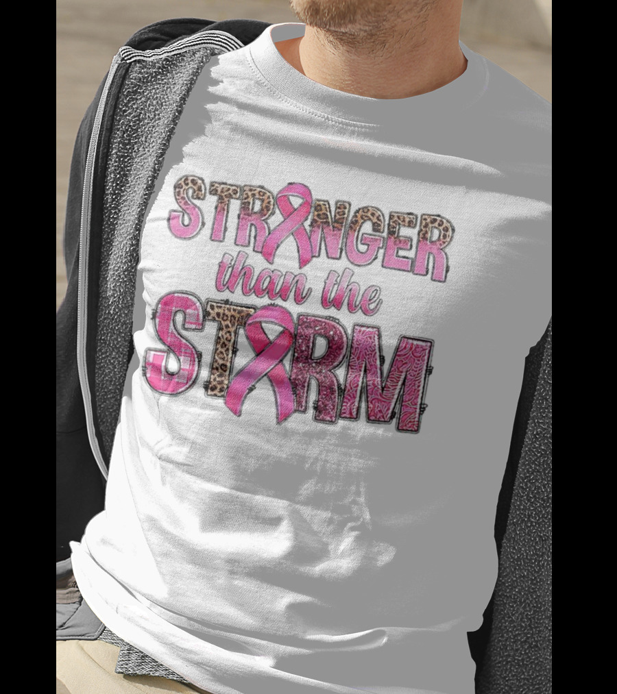 Stronger Than The Storm Breast Cancer Awareness Pink Ribbon Leopard Zebra Print T-Shirt