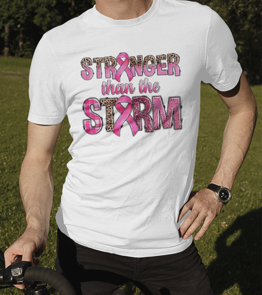Stronger Than The Storm Breast Cancer Awareness Pink Ribbon Leopard Zebra Print T-Shirt