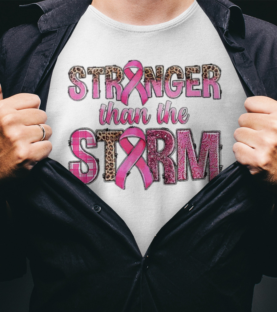 Stronger Than The Storm Breast Cancer Awareness Pink Ribbon Leopard Zebra Print T-Shirt