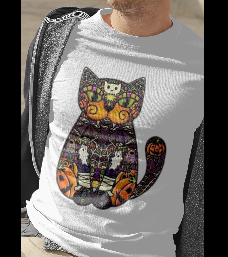 Halloween Cat With Pumpkins Ghosts And Bats T-Shirt
