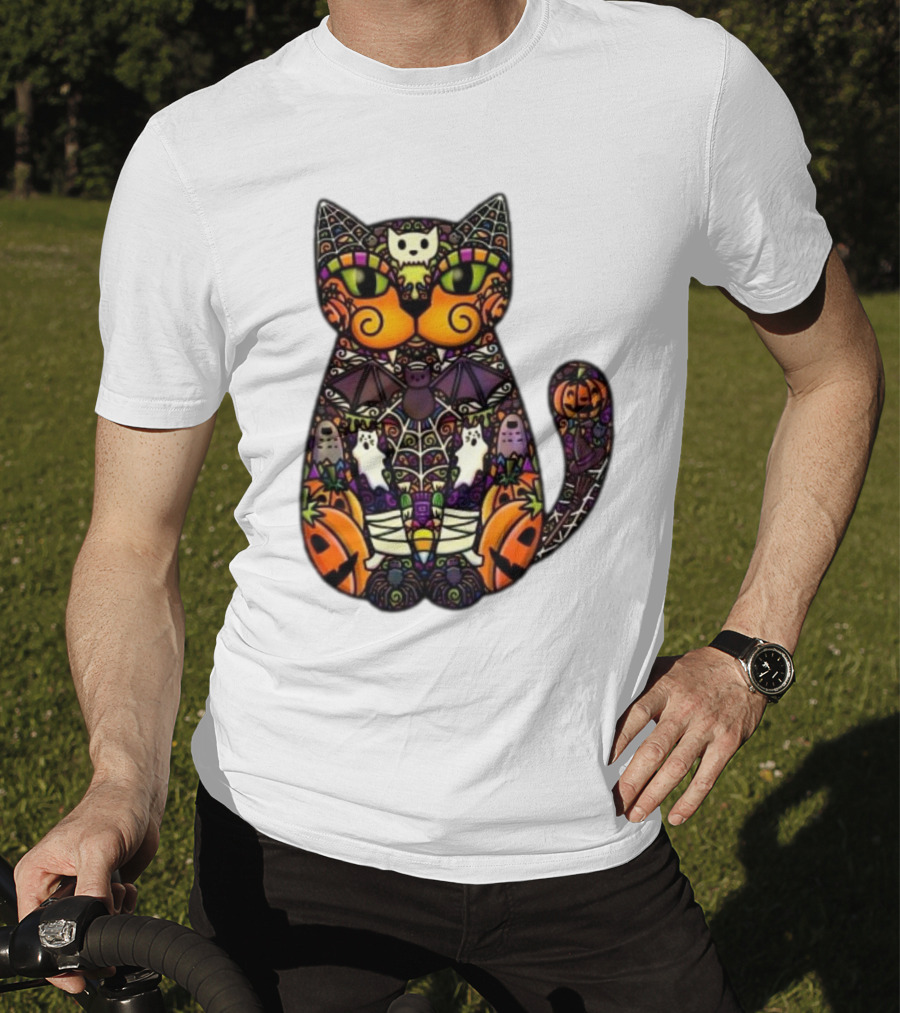 Halloween Cat With Pumpkins Ghosts And Bats T-Shirt