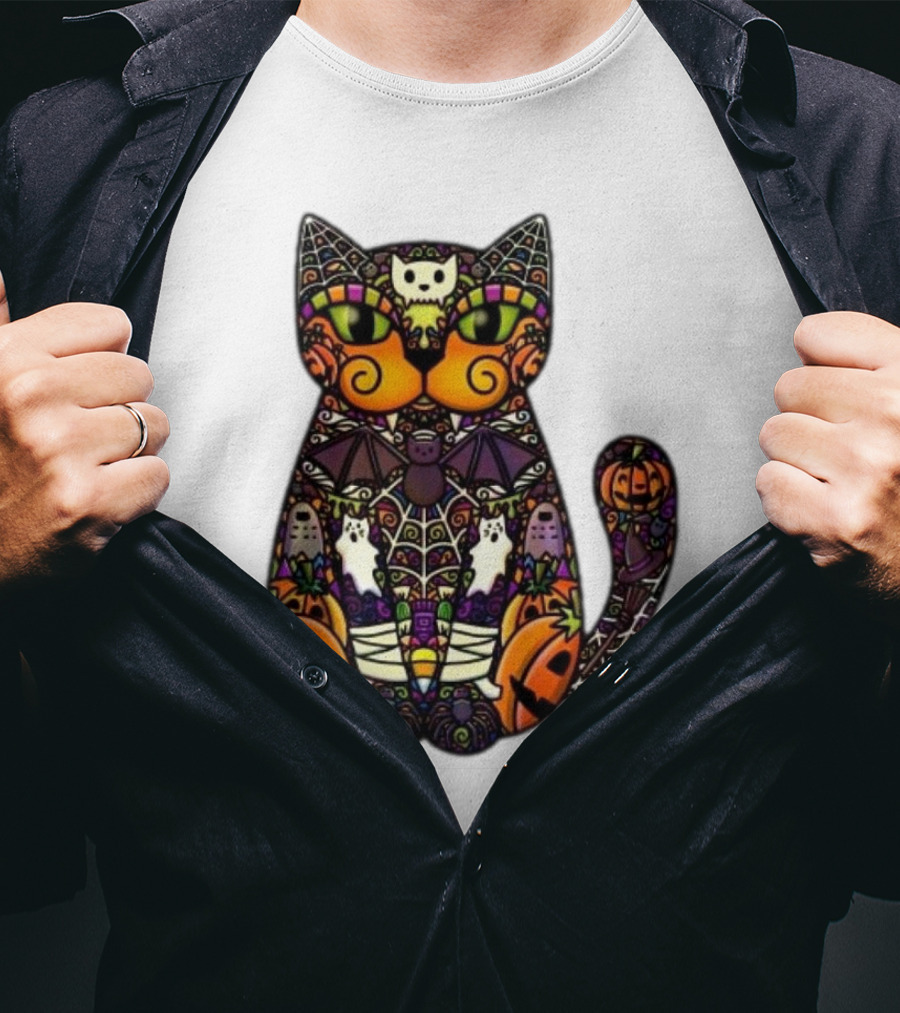 Halloween Cat With Pumpkins Ghosts And Bats T-Shirt