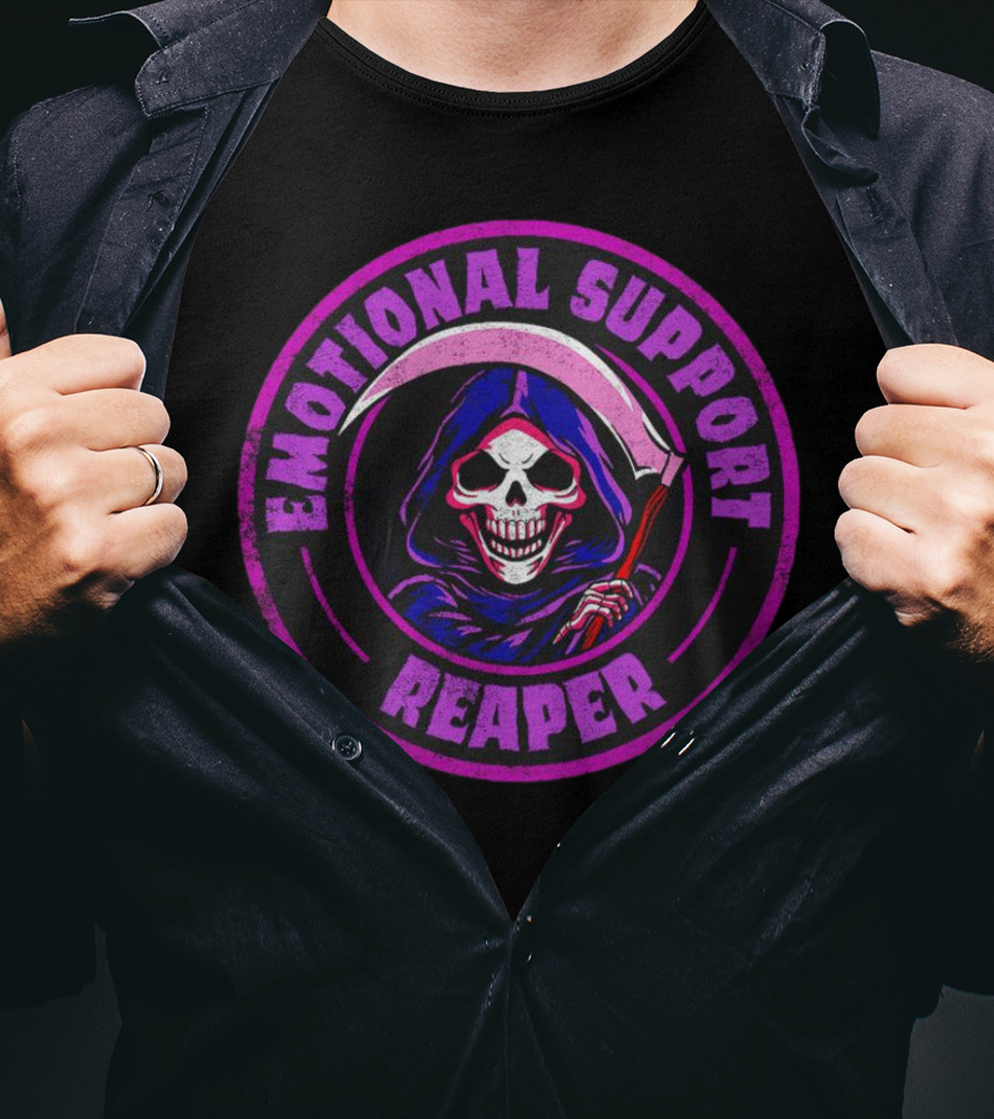 Emotional Support Reaper Skeleton With Scythe In Purple Hood T-Shirt