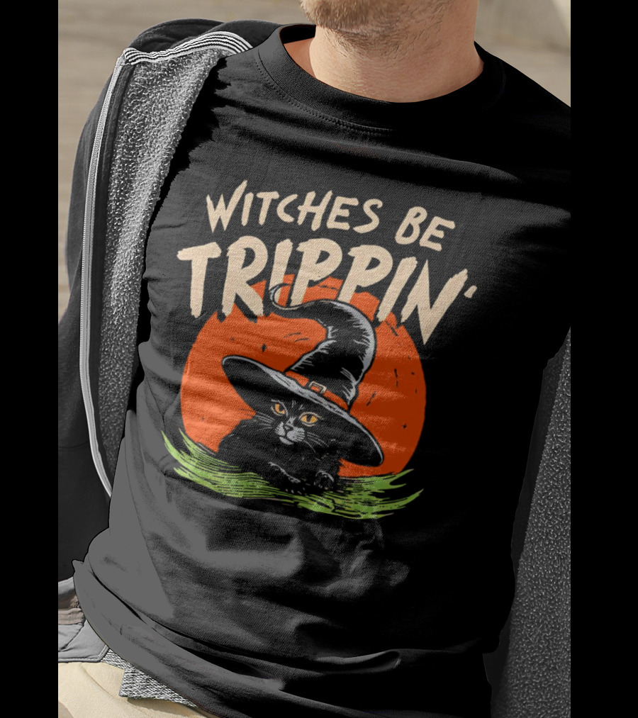 Witches Be Trippin’ Cat With Witch Hat And Red Moon Halloween T-Shirt