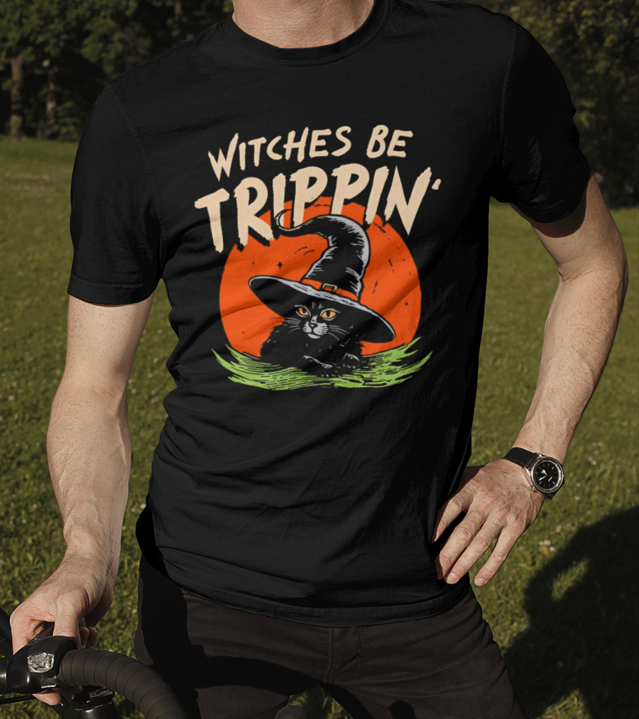 Witches Be Trippin’ Cat With Witch Hat And Red Moon Halloween T-Shirt