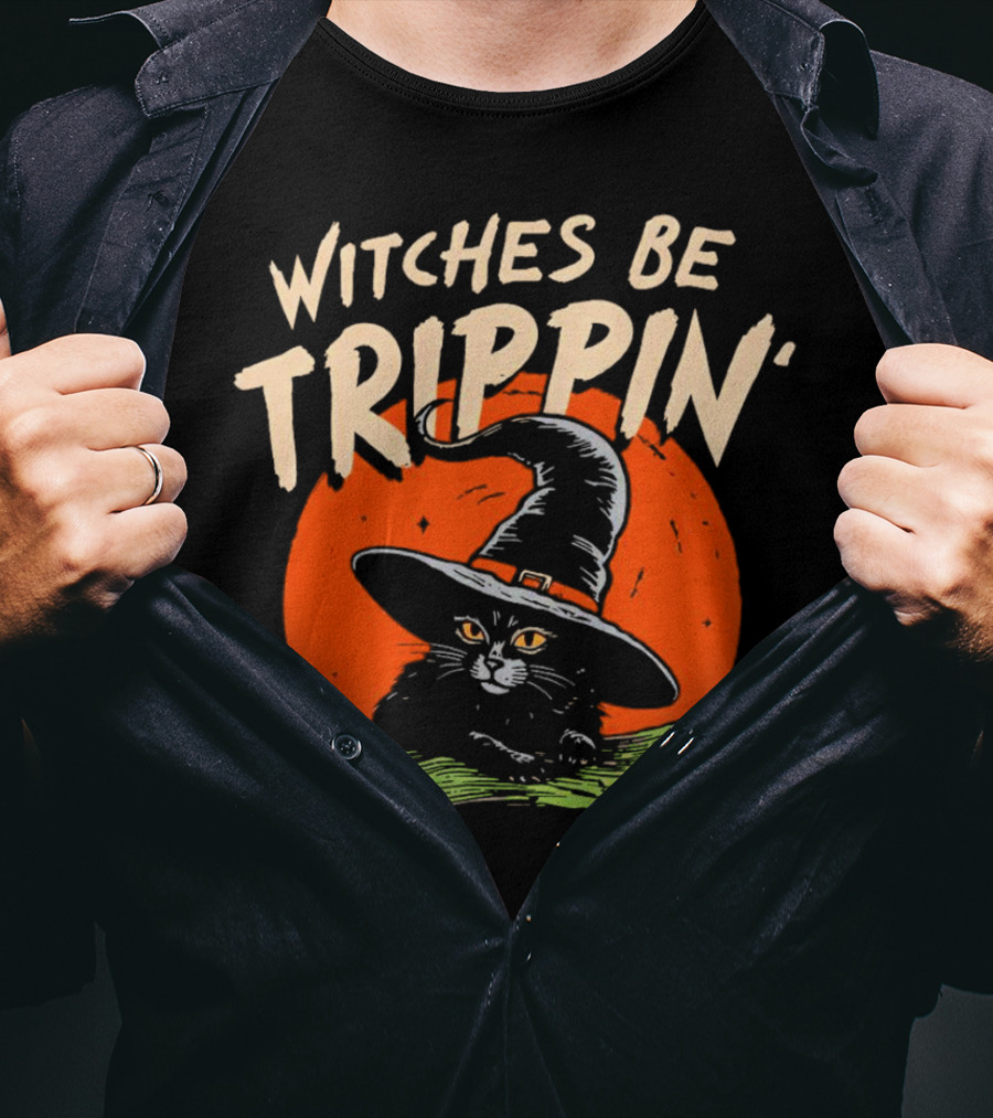 Witches Be Trippin’ Cat With Witch Hat And Red Moon Halloween T-Shirt
