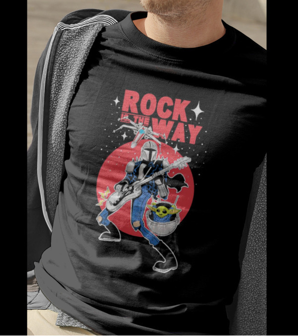 Rock Is The Way Din Djarin And Grogu Playing Guitar In Front Of Red Moon T-Shirt
