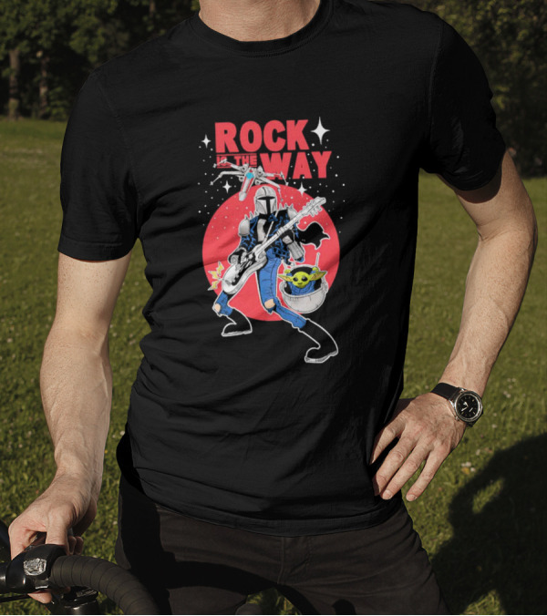 Rock Is The Way Din Djarin And Grogu Playing Guitar In Front Of Red Moon T-Shirt
