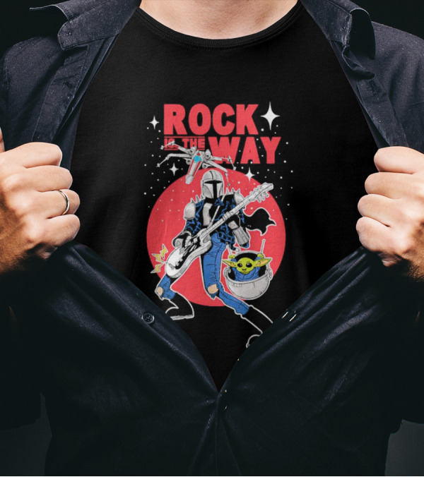 Rock Is The Way Din Djarin And Grogu Playing Guitar In Front Of Red Moon T-Shirt