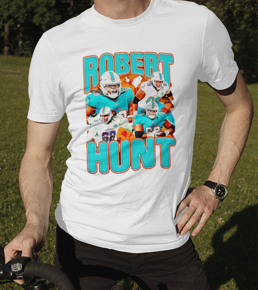 Robert Hunt Miami Dolphins 68 Vintage Football Collage T-Shirt